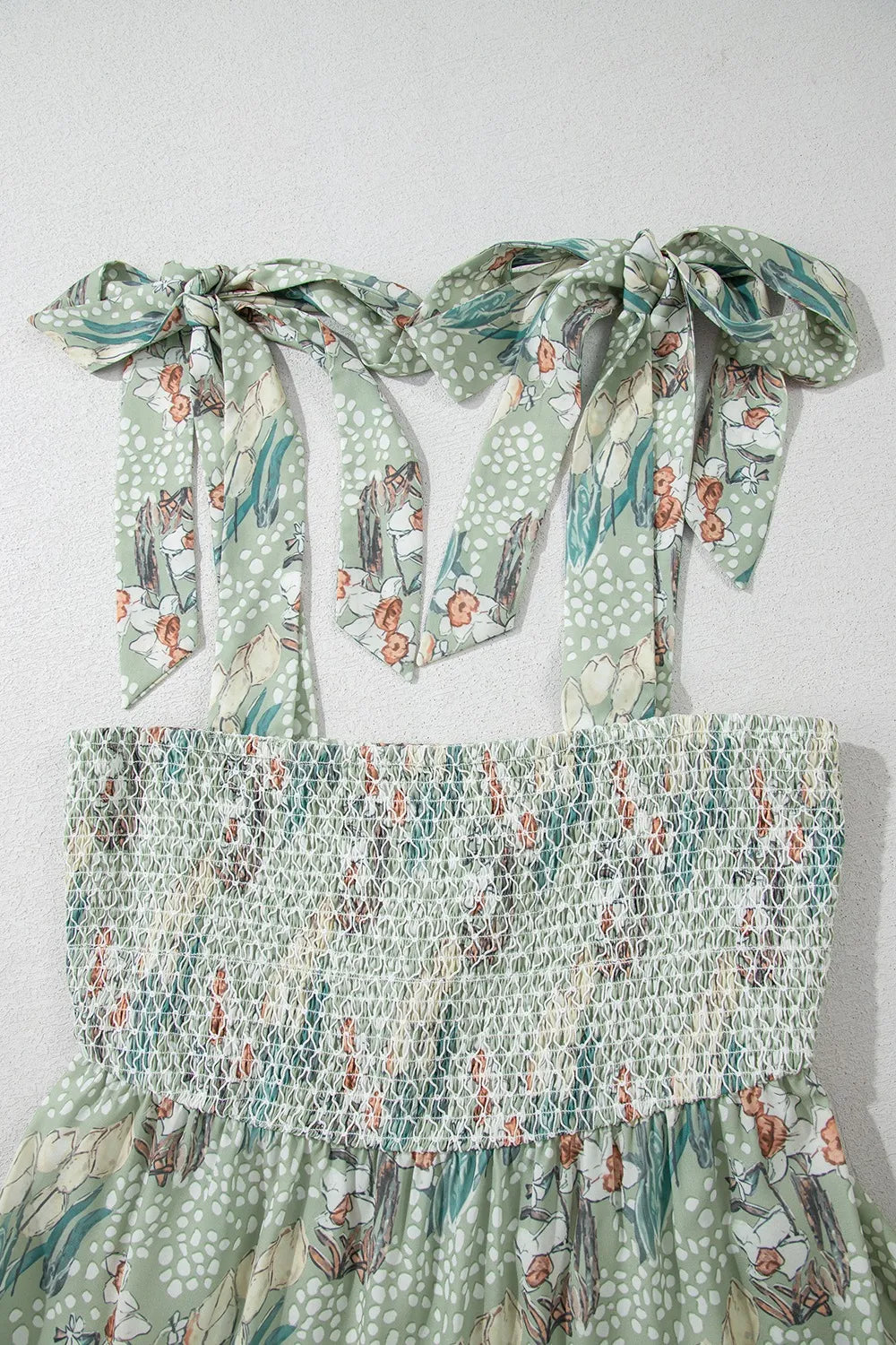 Smocked Printed Tie Shoulder Mini Cami Dress