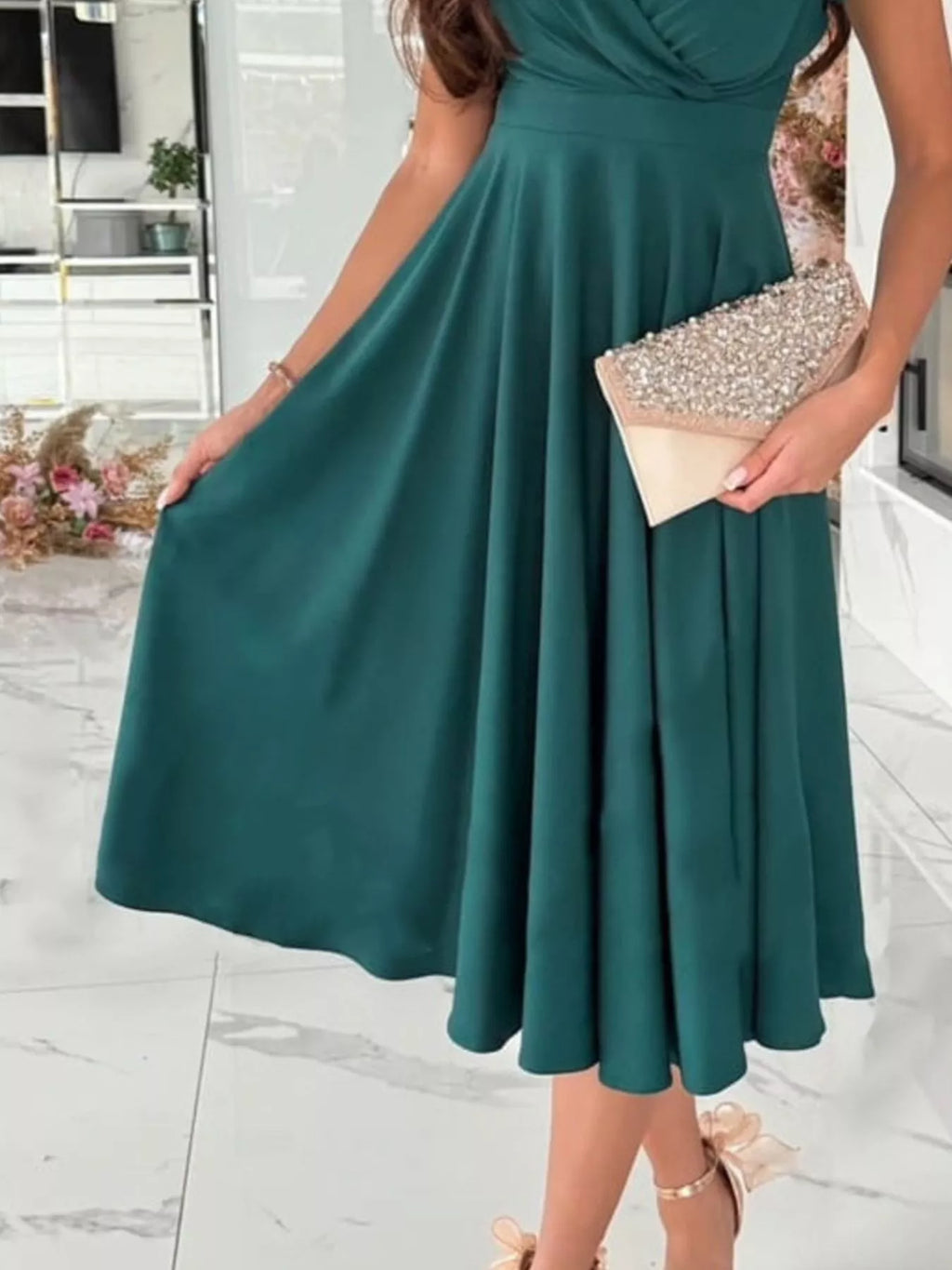 Surplice Short Sleeve Midi Dress