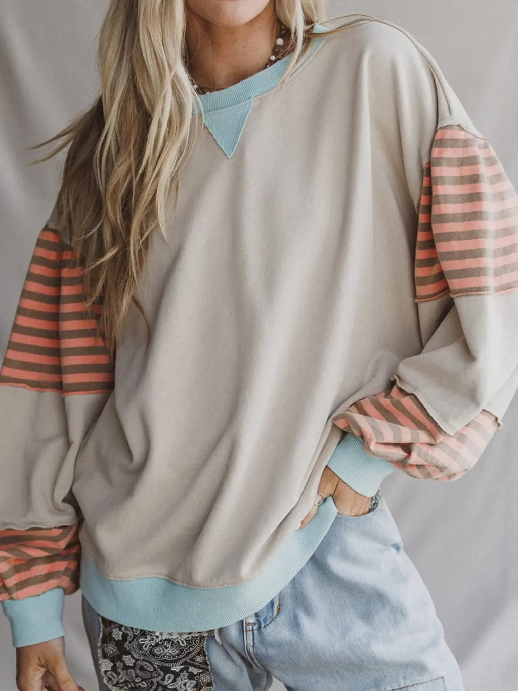 Striped Colorblock Patchwork Drop Shoulder Sweatshirt