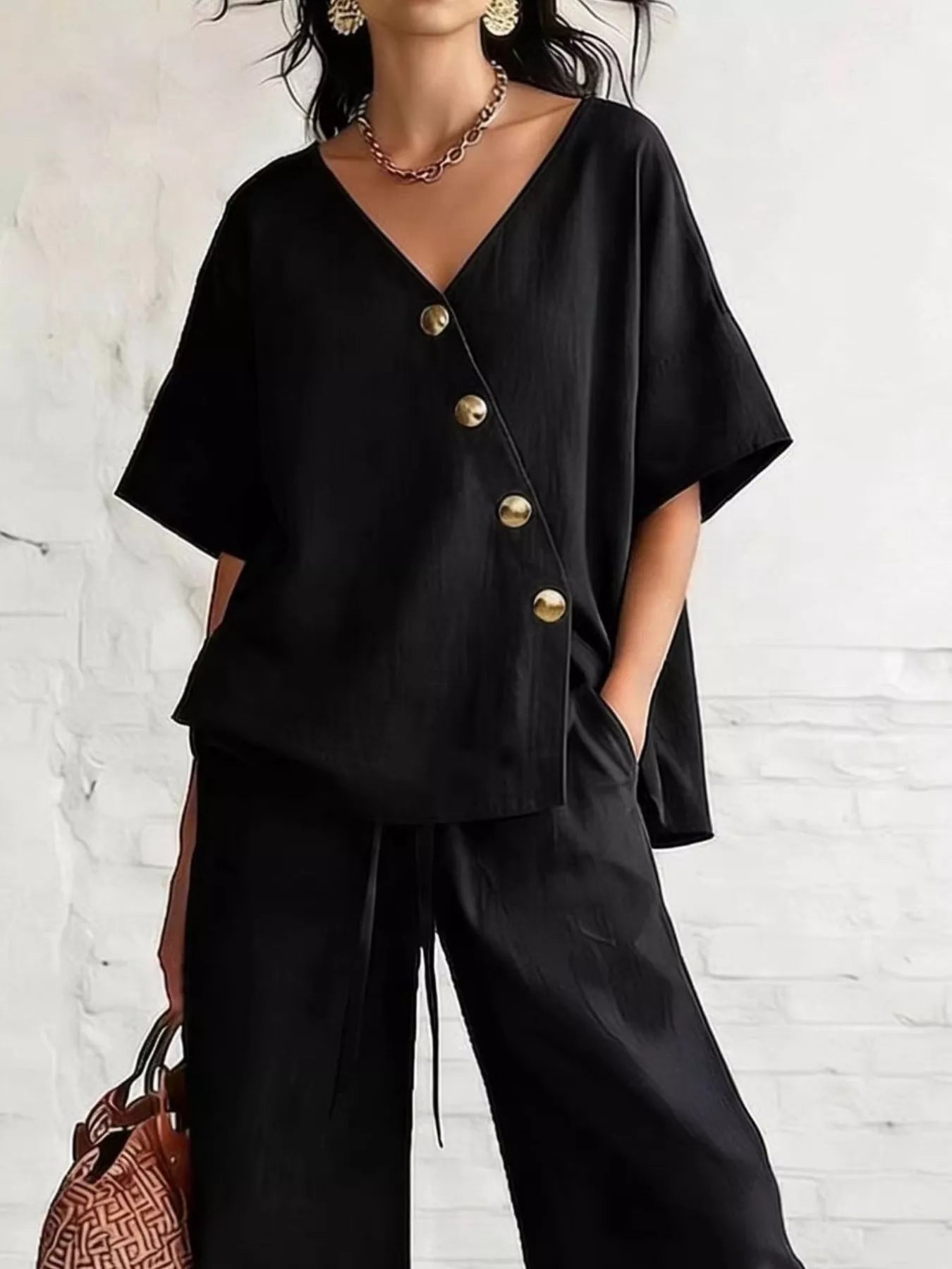 Full Size Surplice Half Sleeve Top and Wide-Leg Pants Set Plus Size