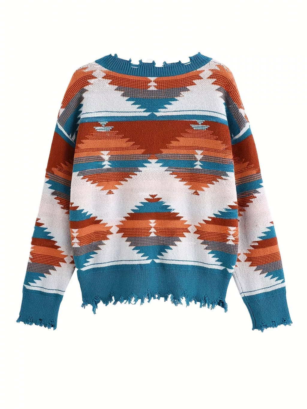 Geometric Frayed Hem V-Neck Long Sleeve Sweater