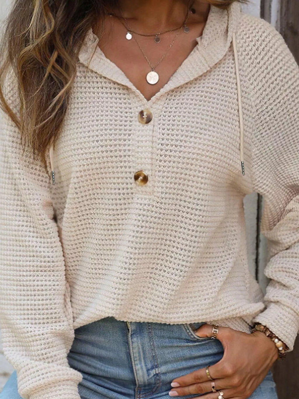 Casual Waffle Knit Button Detail Hoodie