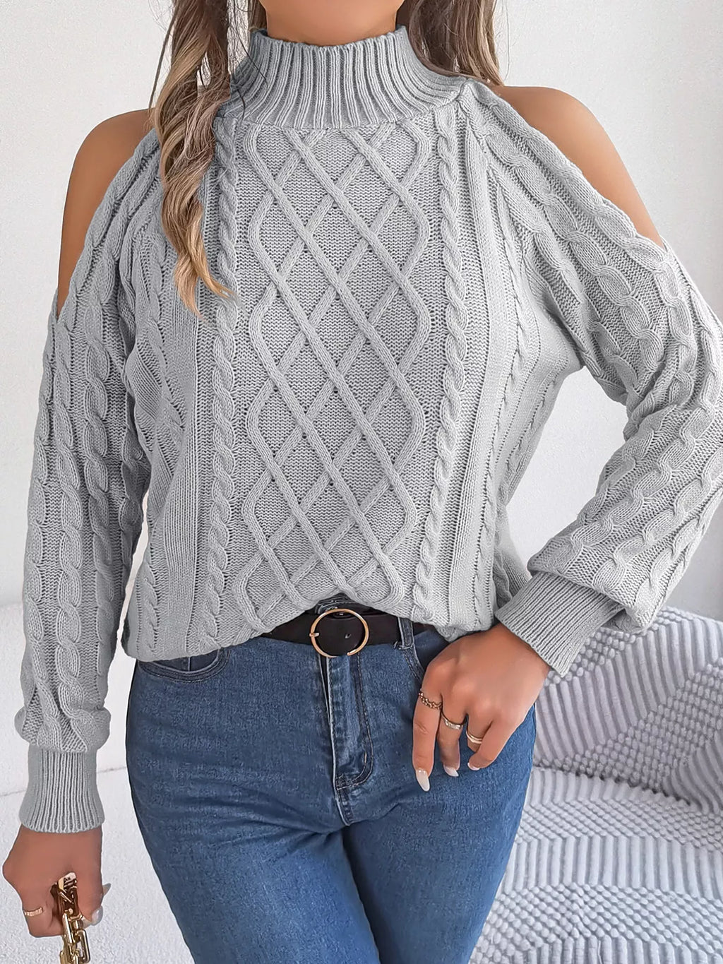 Cable Knit Cold Shoulder Turtleneck Sweater