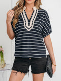 Stripe Stand Collar V Neck Elastic Cuffs Half Sleeve Dolman Top