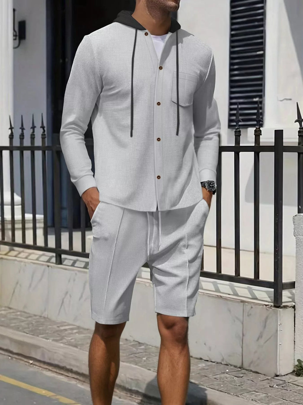 Men's Full Size Casual Hooded Button-Up Top and Shorts Set Plus Size