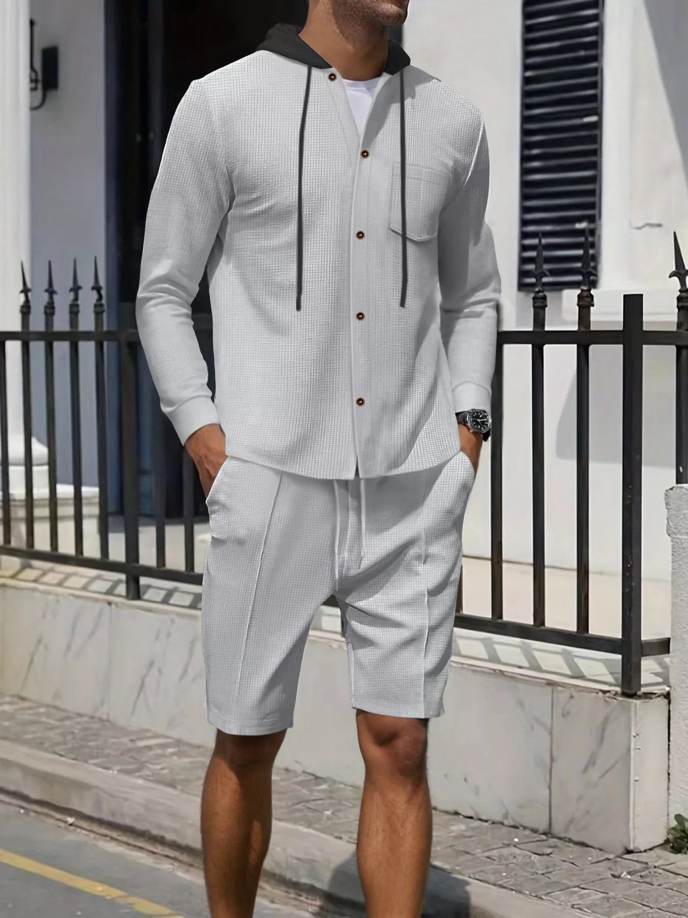 Men's Full Size Casual Hooded Button-Up Top and Shorts Set Plus Size