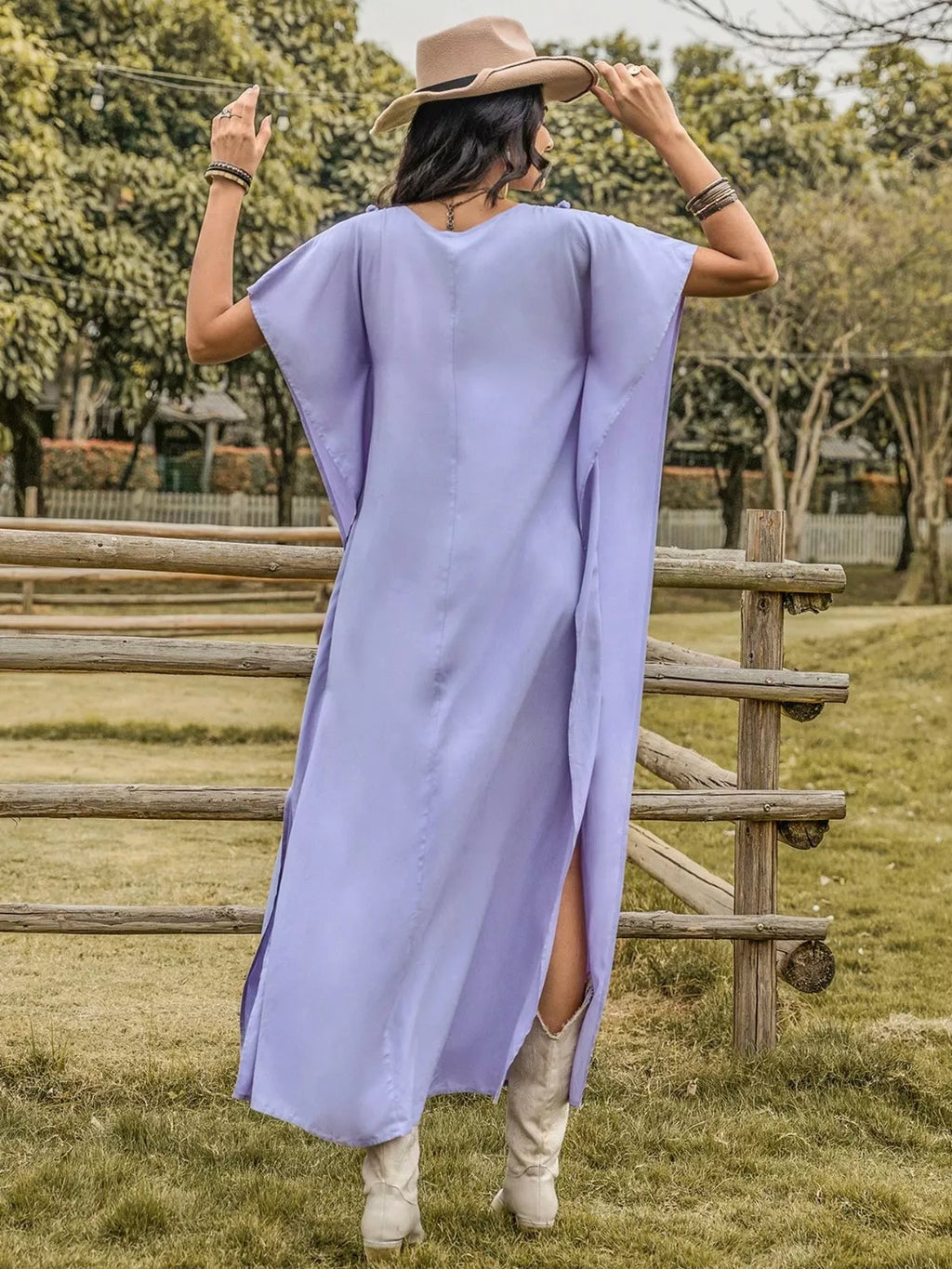 Side Slit Tie Neck Flutter Sleeve Dress