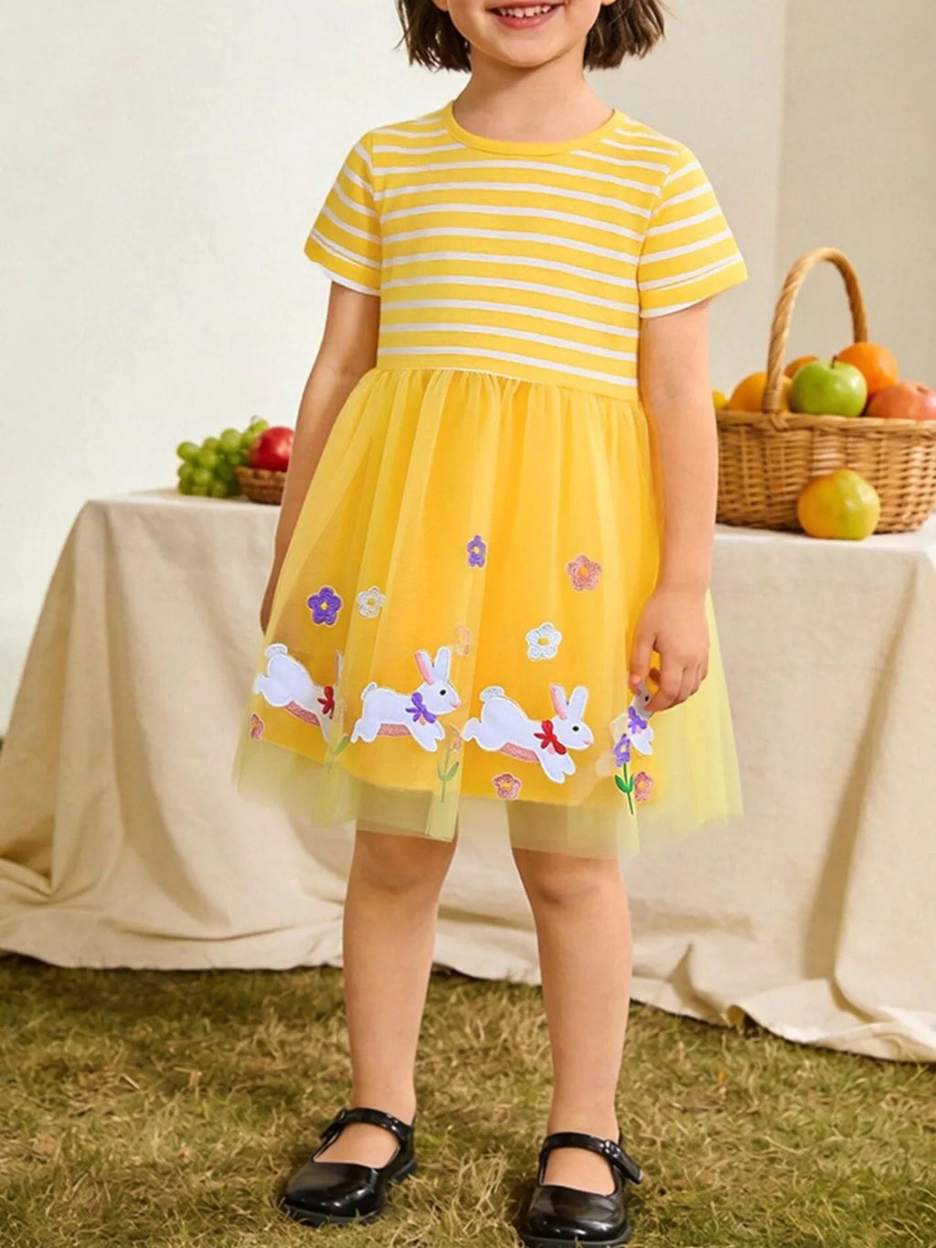 Children's Bunny & Floral Striped Tulle Dress