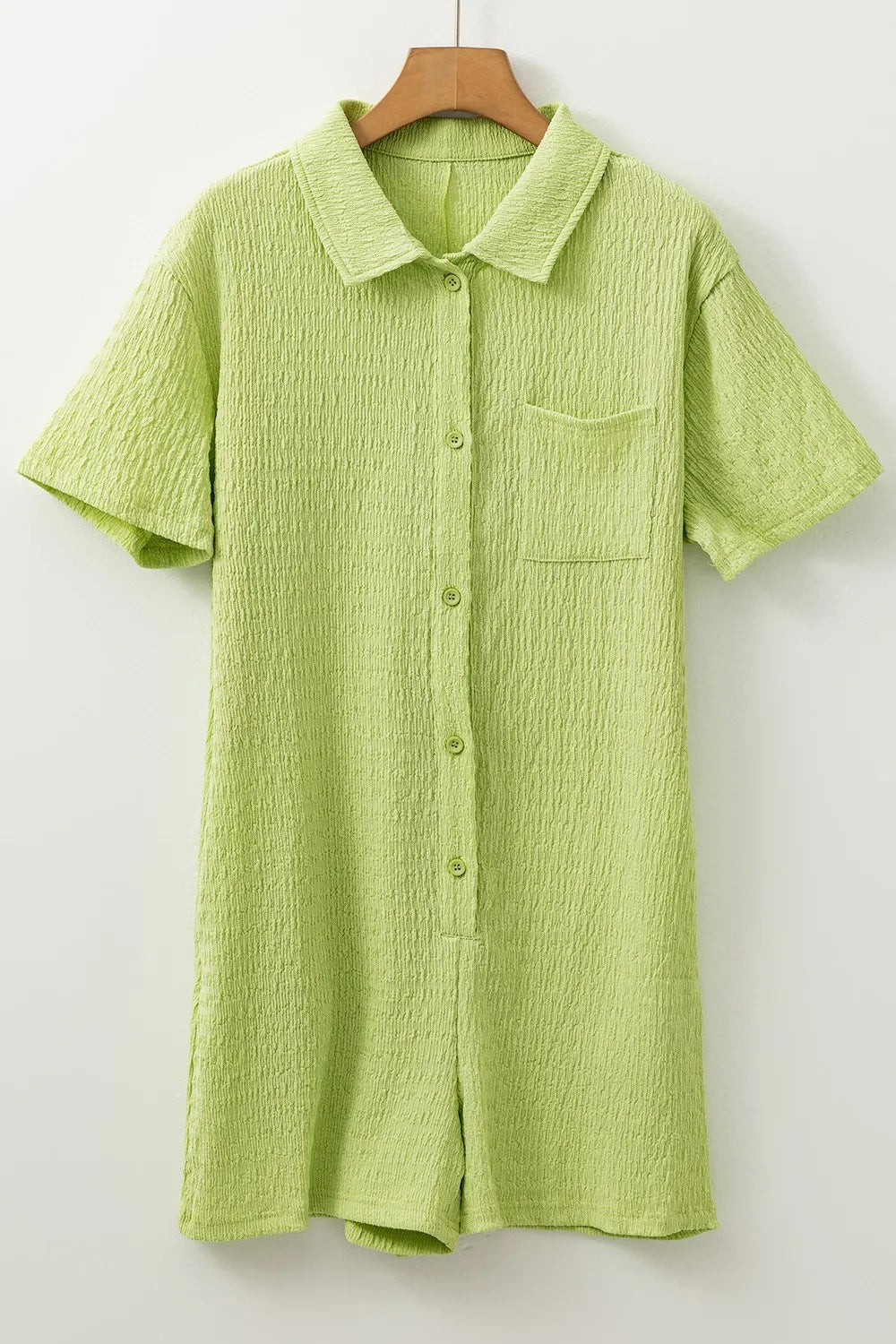 Textured Short Sleeve Patched Pocket Buttoned Romper