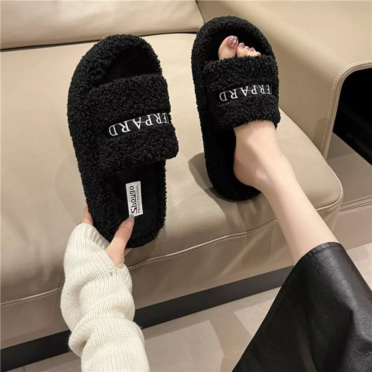 Fuzzy Plush Open Toe Slippers