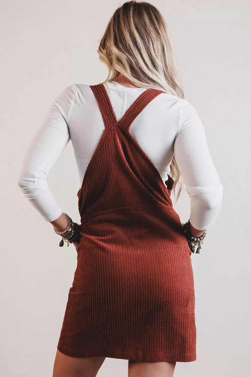 Ribbed Corduroy Zip-Up Sleeveless Pocket Sheath Dress