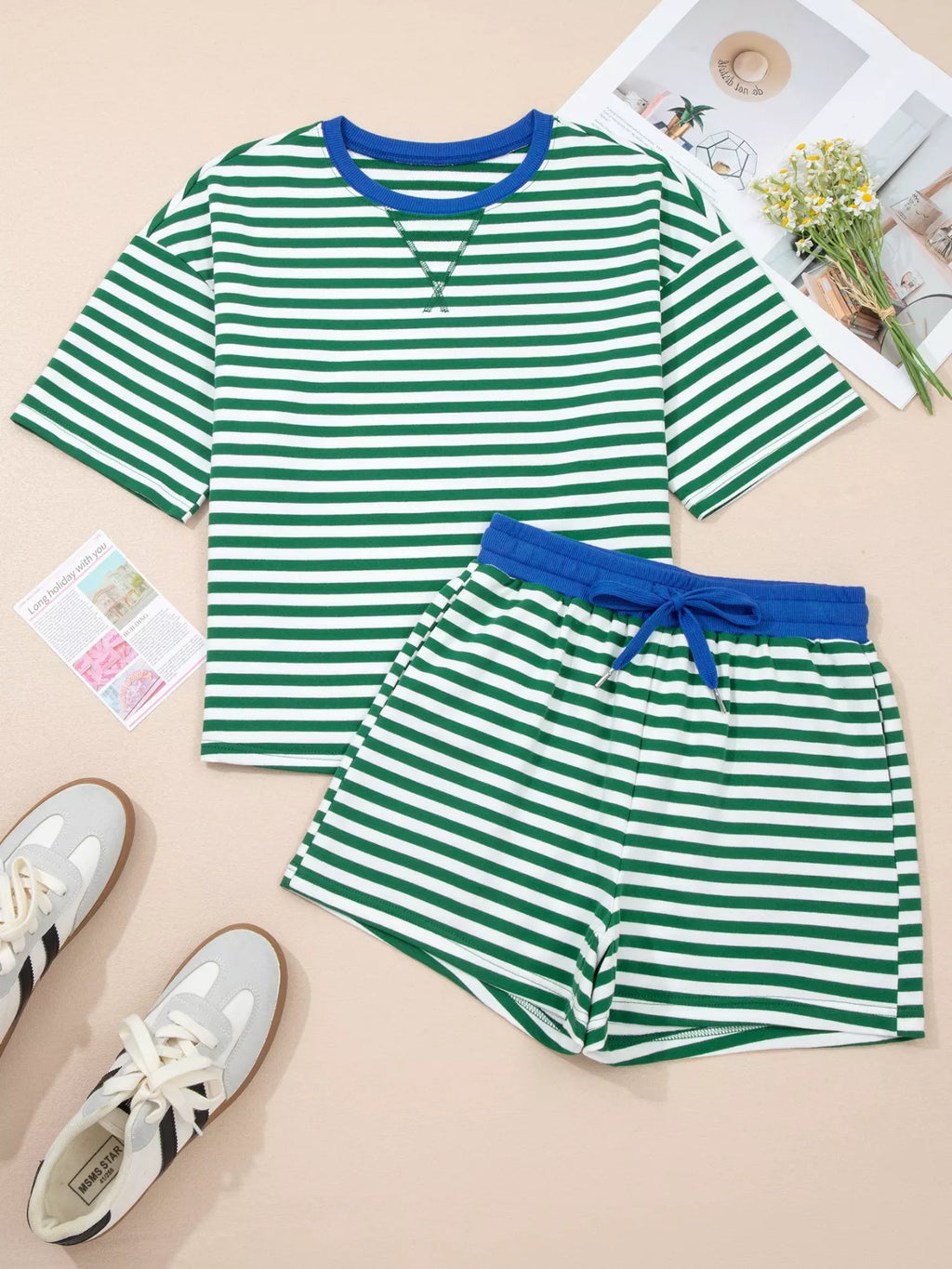 Stripe Boxy Tee and Drawstring Elastic Waist Shorts Set