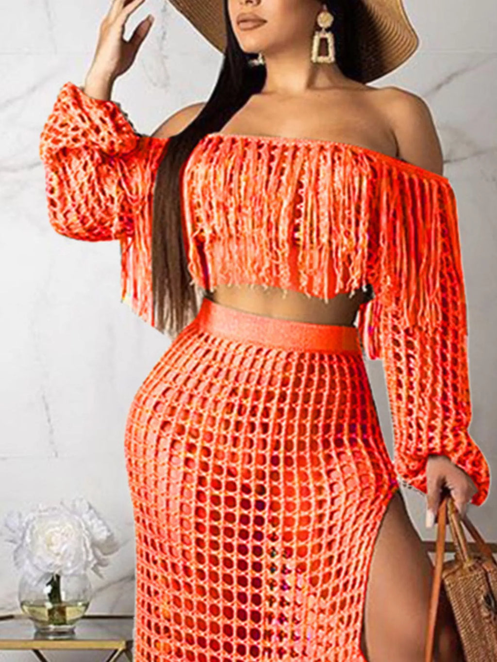 Full Size Crochet Off-Shoulder Fringe Top and Skirt Set Plus Size