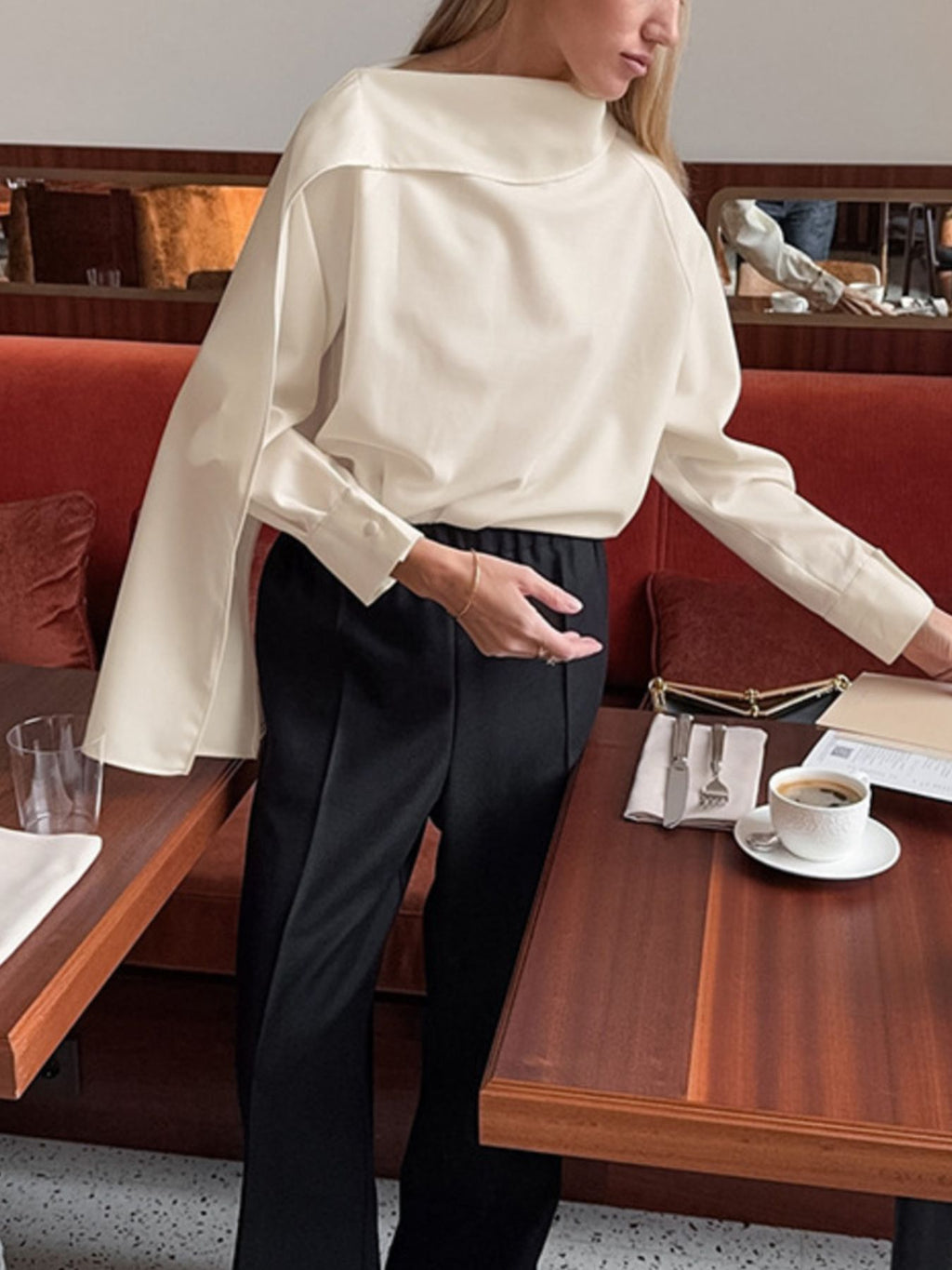 Asymmetrical High Collar Long Sleeve Blouse