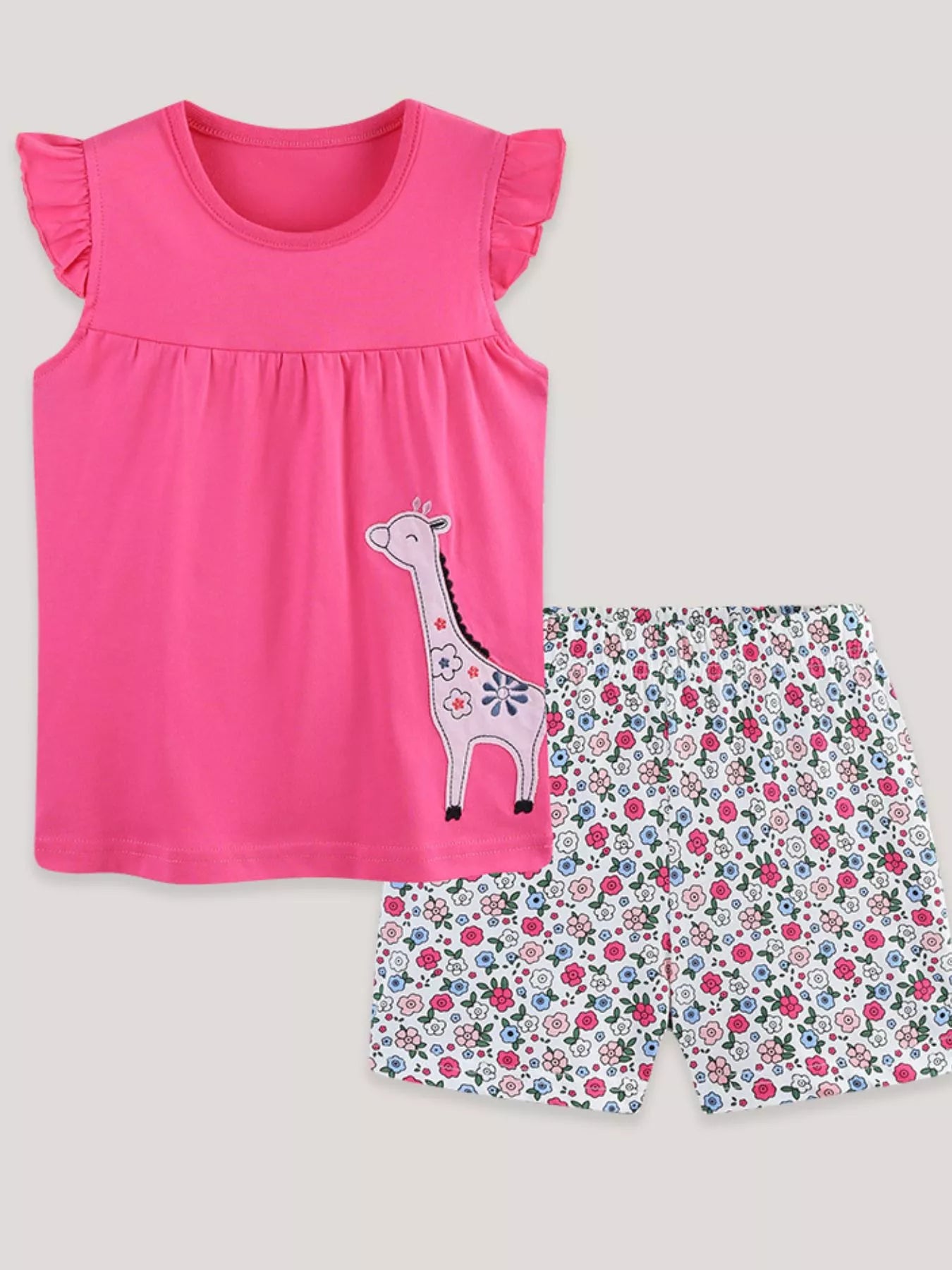 Children's Giraffe Applique Ruffle Sleeve Top & Floral Shorts Set