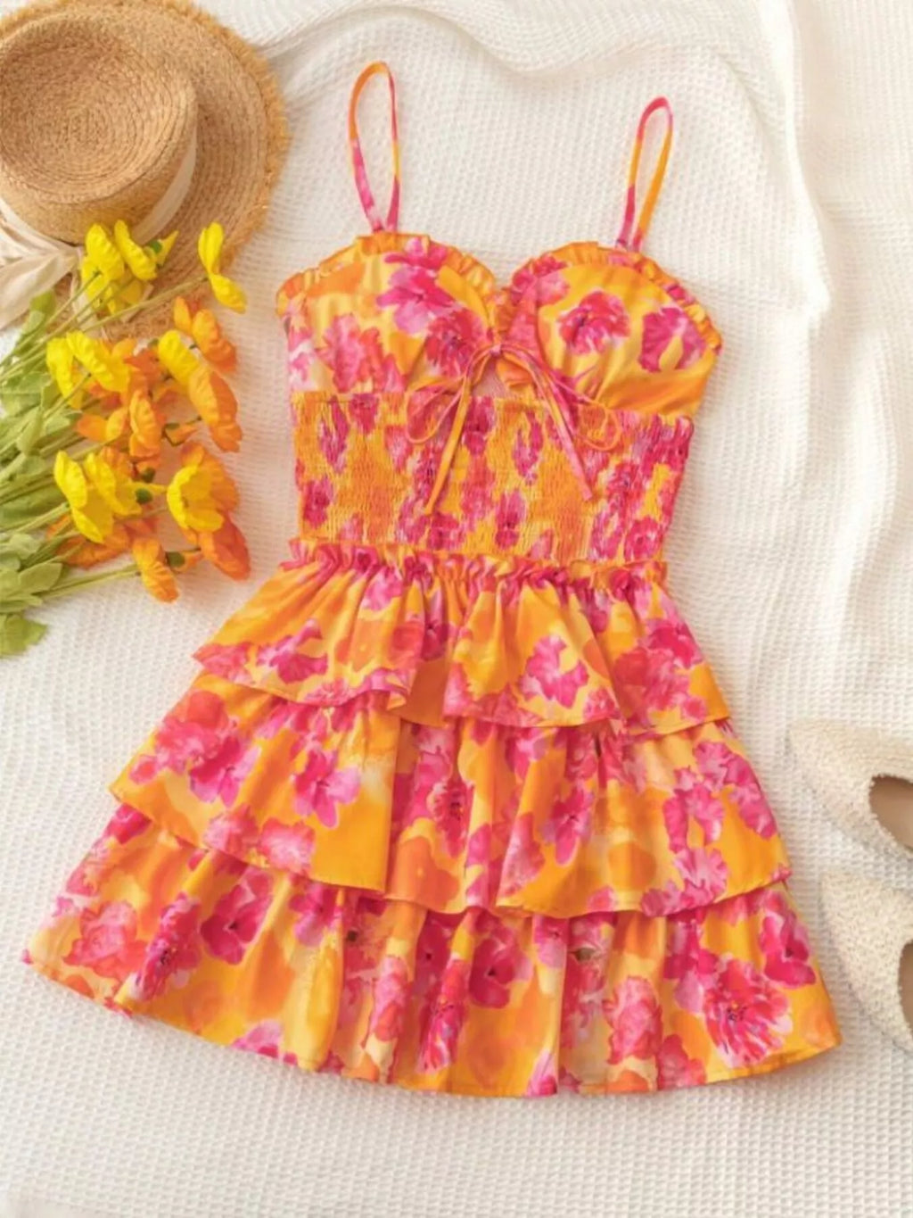 Cutout Floral Print Ruffle Layered Mini Dress