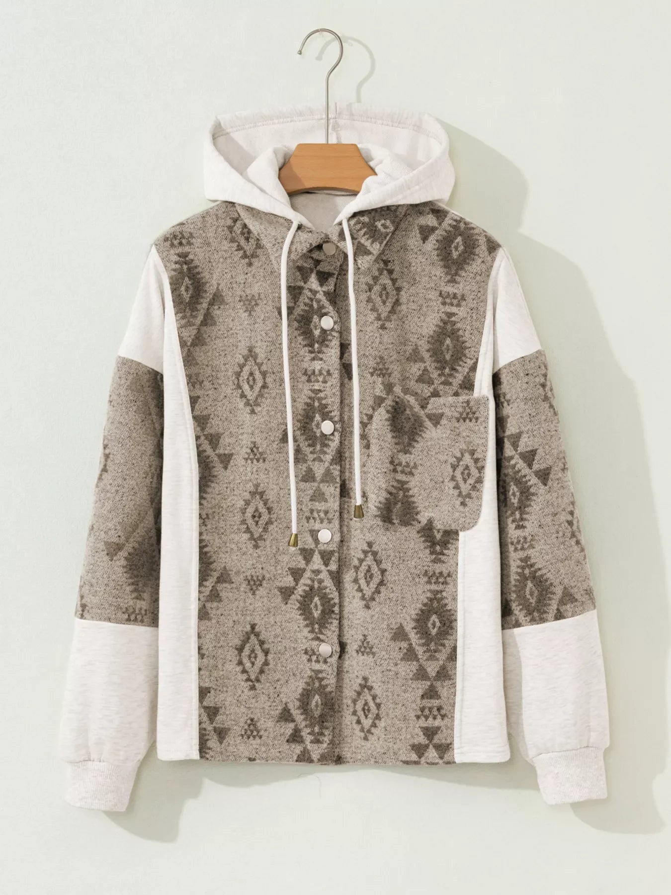 Western Aztec Print Color Block Patchwork Drawstring Hooded Shacket