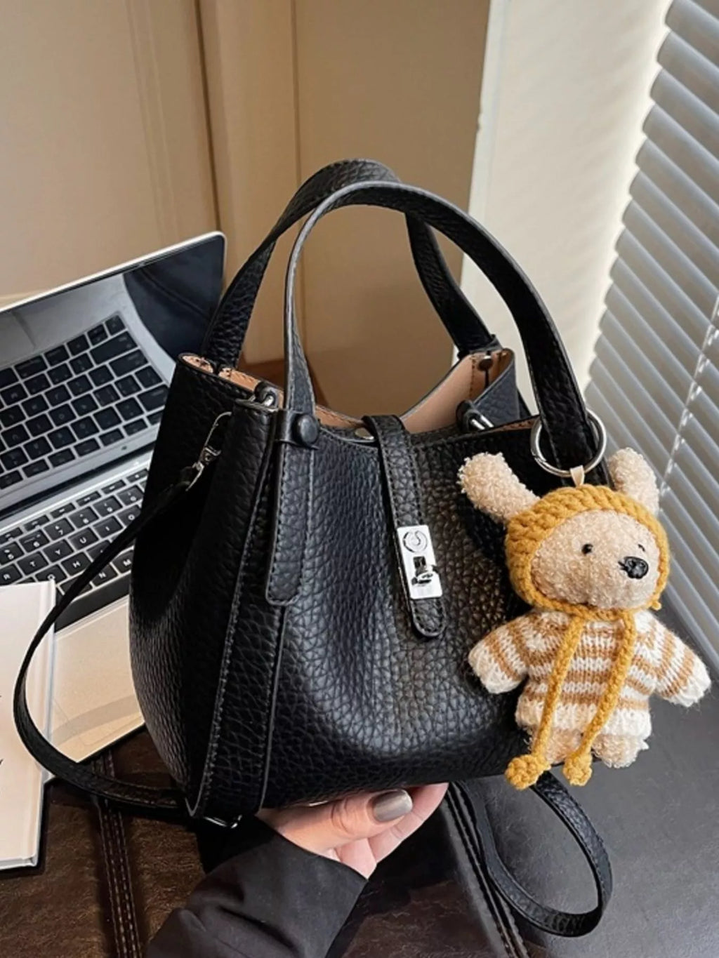 Bucket Crossbody Bag with Bear Charm