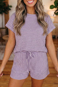 Stripe Breathable Textured Knit Short 2pcs Set