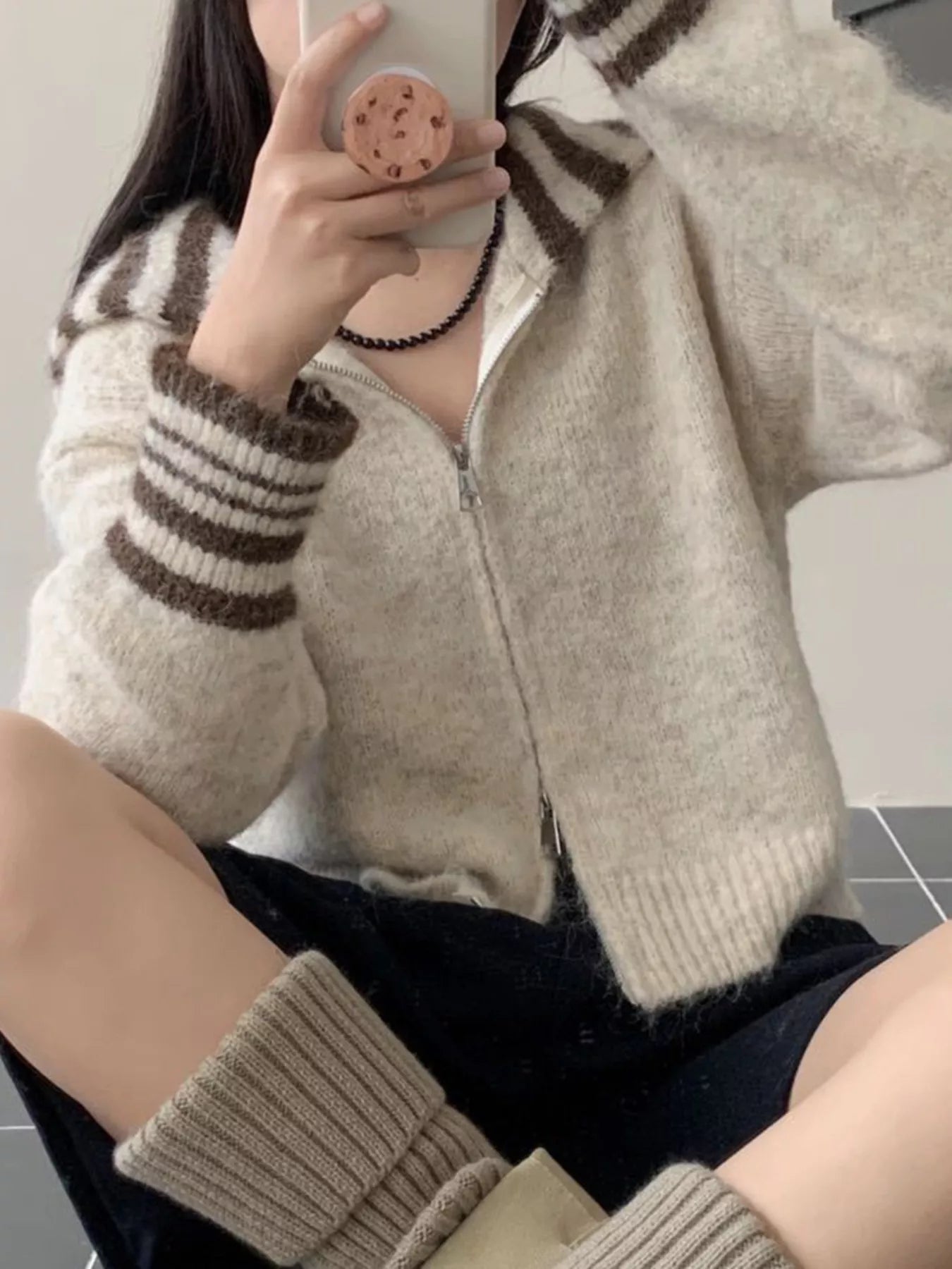 Striped Trim Zip-Up Knit Cardigan