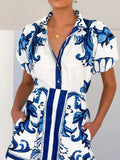 Puff Sleeve Printed Top and Zip Back Skirt Set