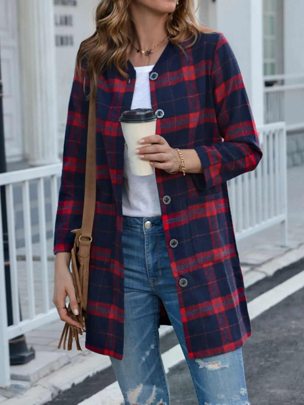 Plus Size Plaid Button-Down Longline Shirt