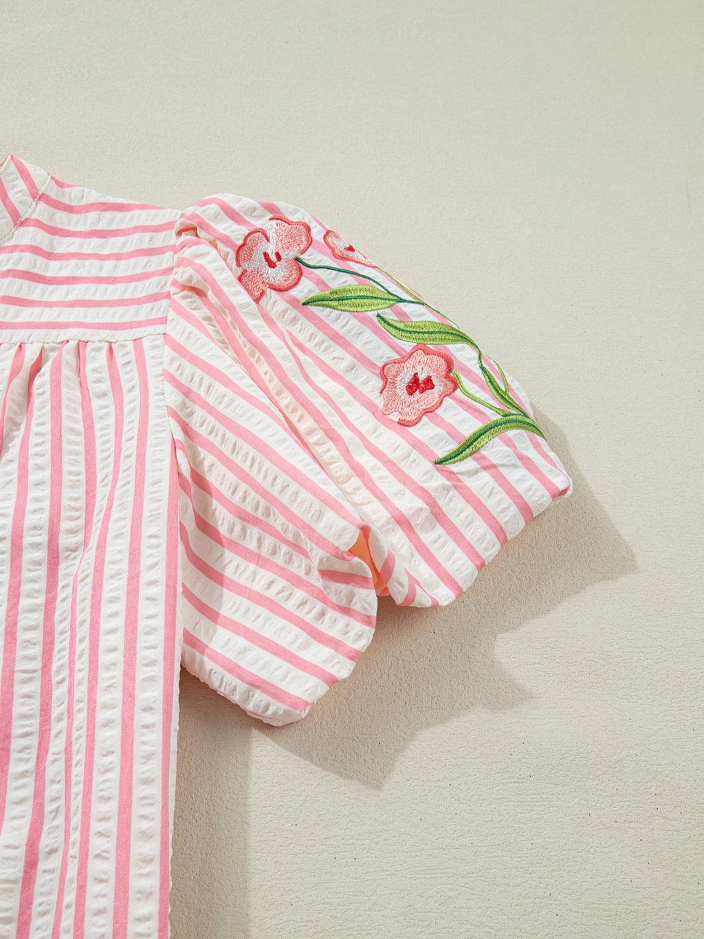 Stripe Print Floral Embroidered Puff Sleeve V Neck Blouse
