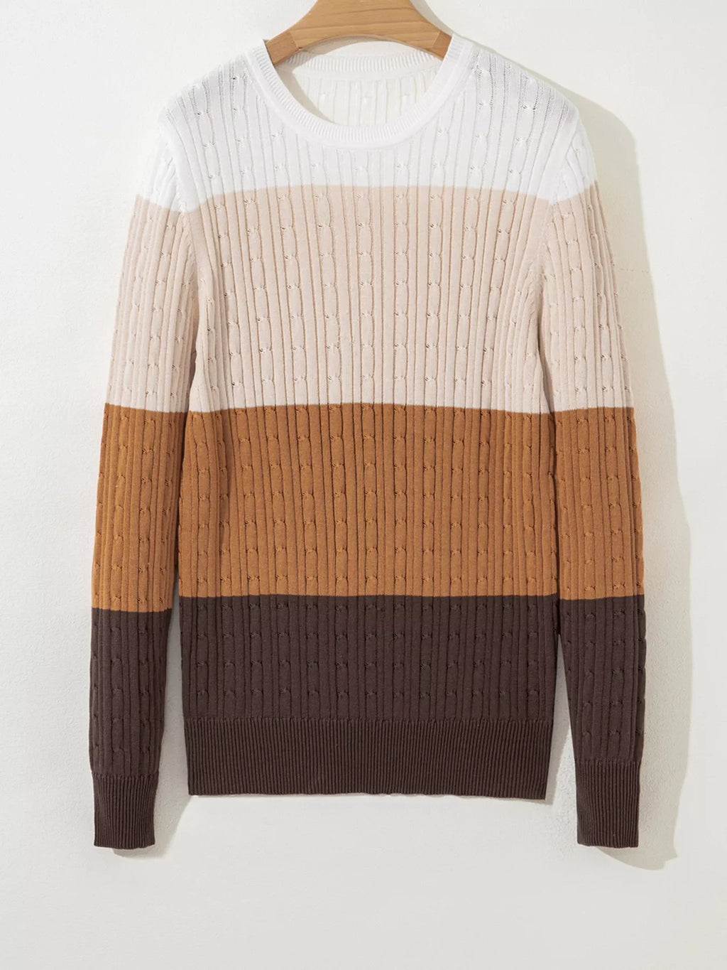 Colorblock Cable Knit Round Neck Sweater