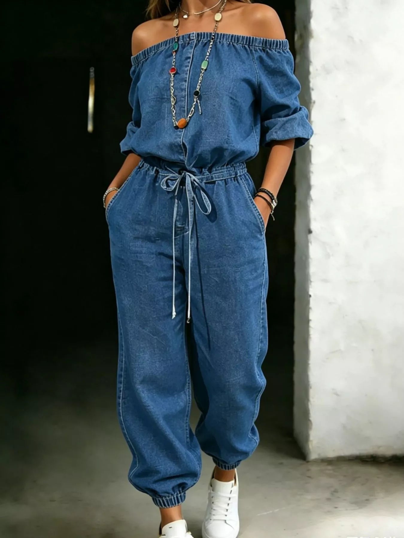 Off Shoulder Jumpsuit with Pockets