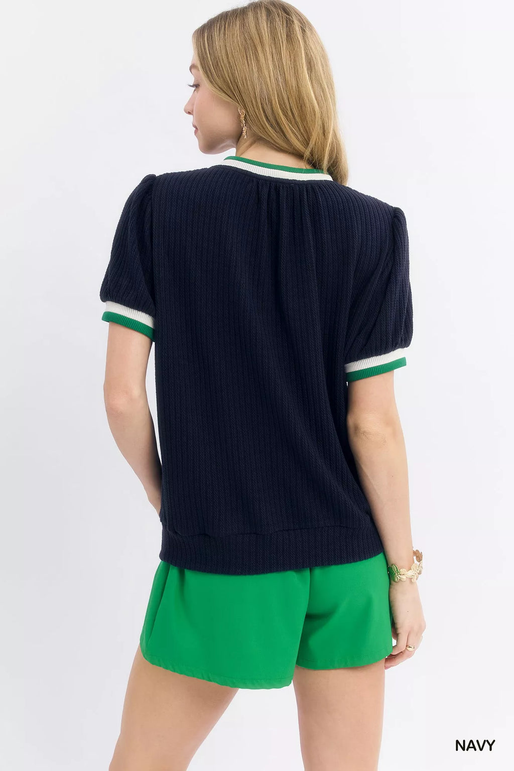 Umgee Puff Sleeve Knit Top with Contrast Rib Trim