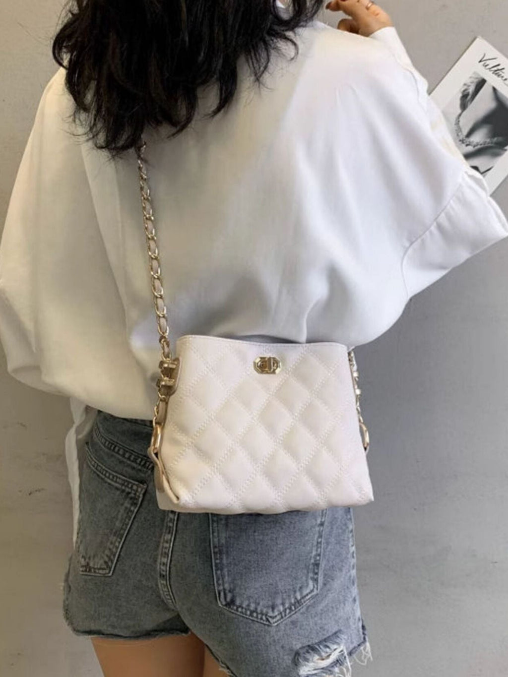 Quilted Bucket Crossbody Bag with Chain Strap