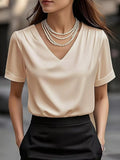 V-Neck Short Sleeve Satin Blouse