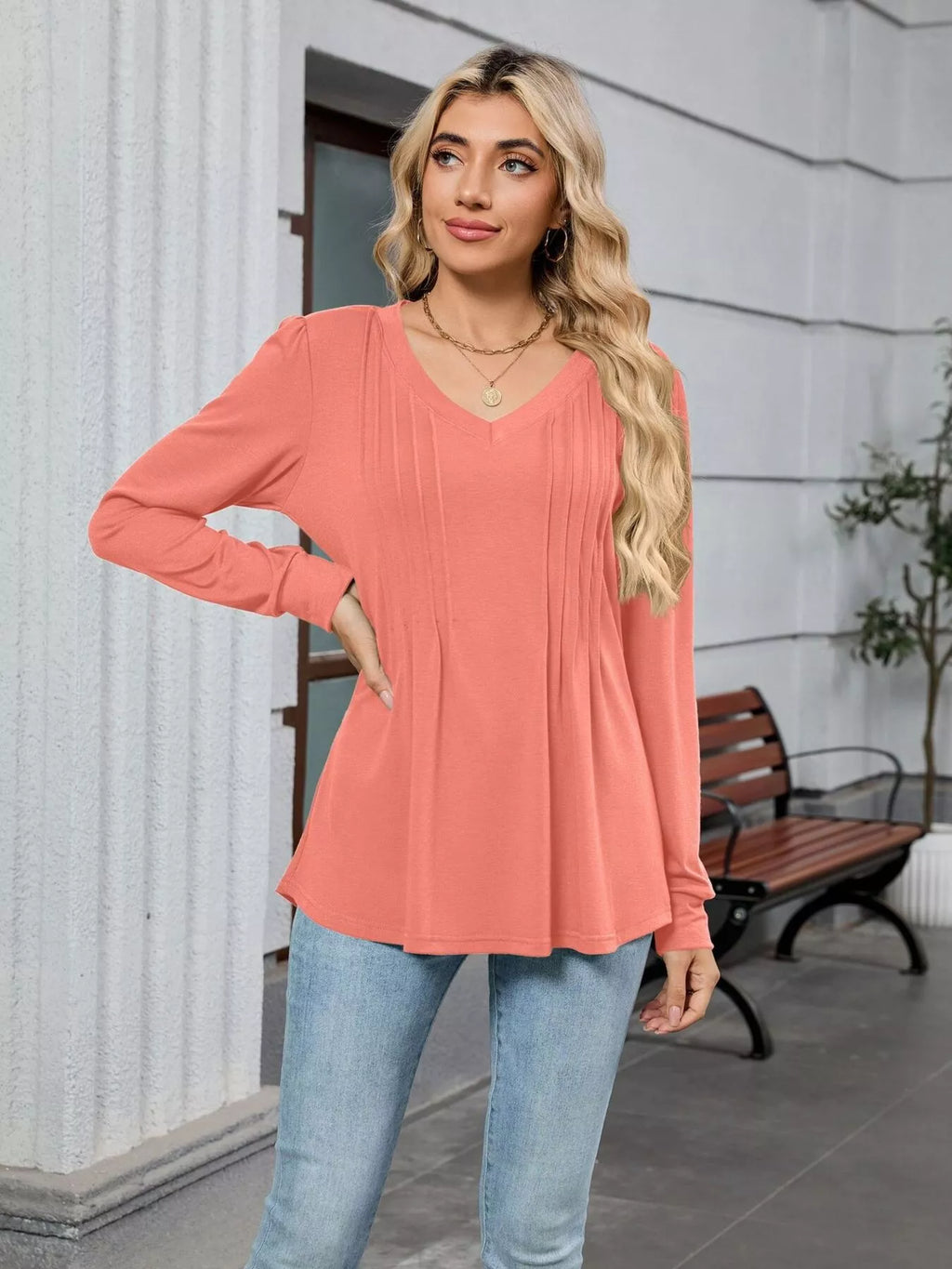 V-Neck Long Sleeve Relaxed Fit T-Shirt