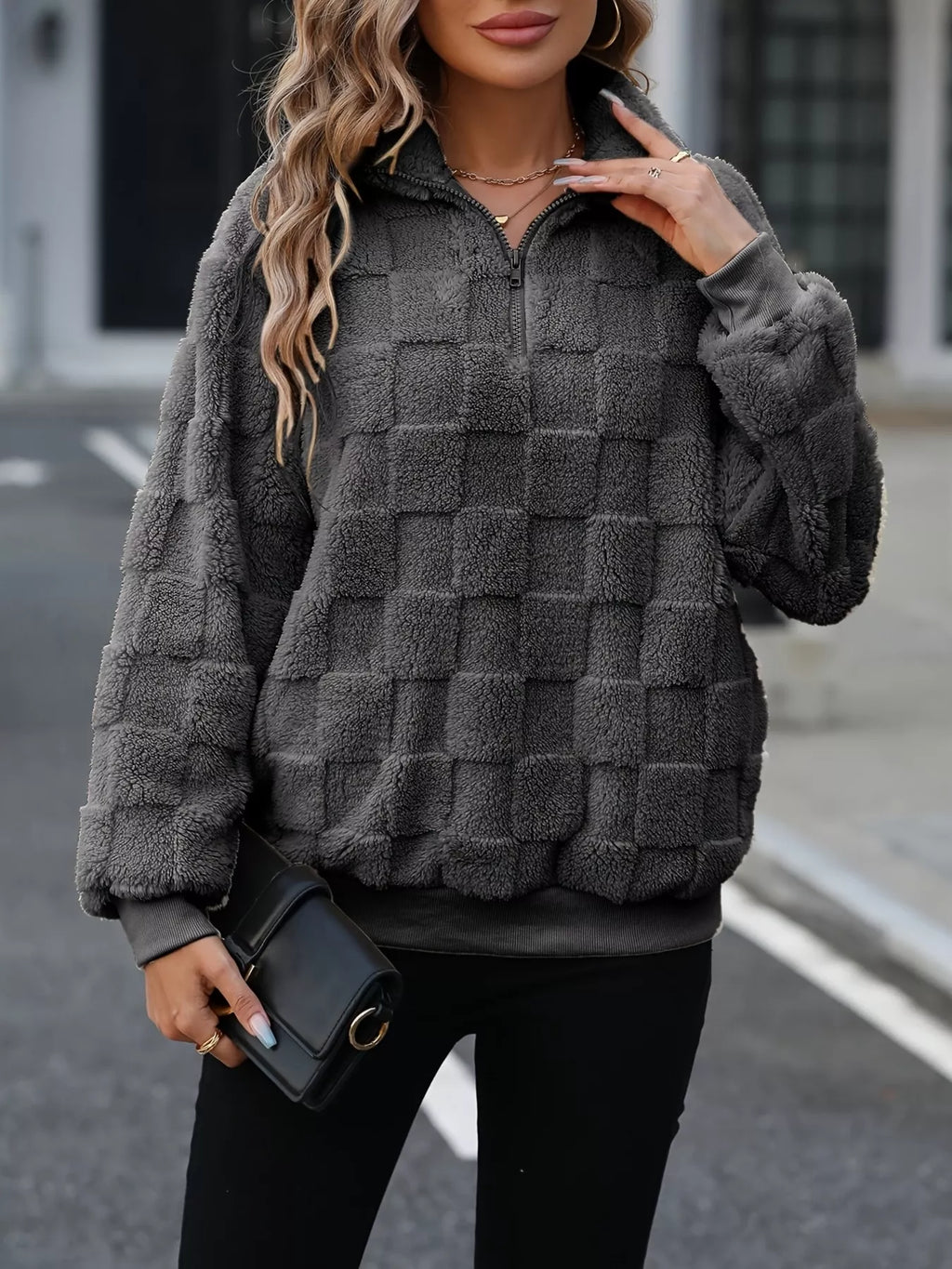 Cozy Checkered Fleece Quarter Zip Sweatshirt