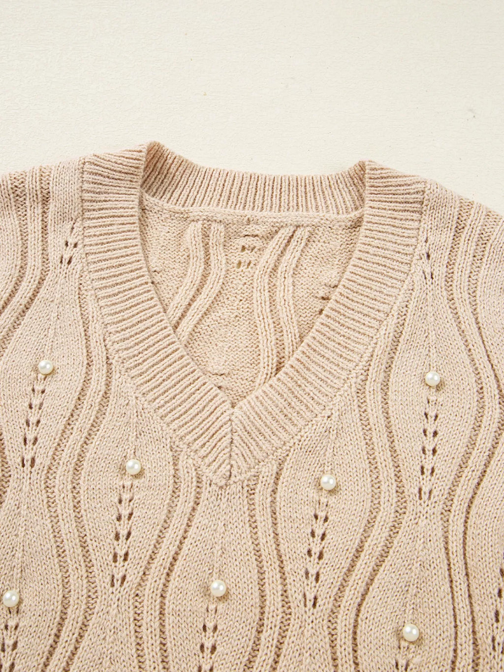 Pearl-Embellished V-Neck Pullover Sweater