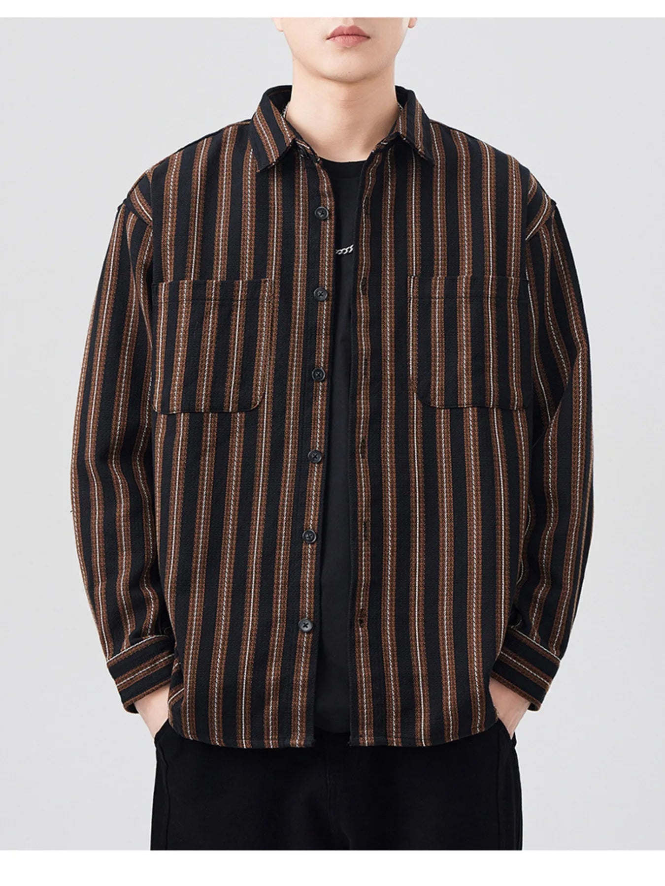 Men's Plus Size Striped Button Up Long Sleeve Shirt