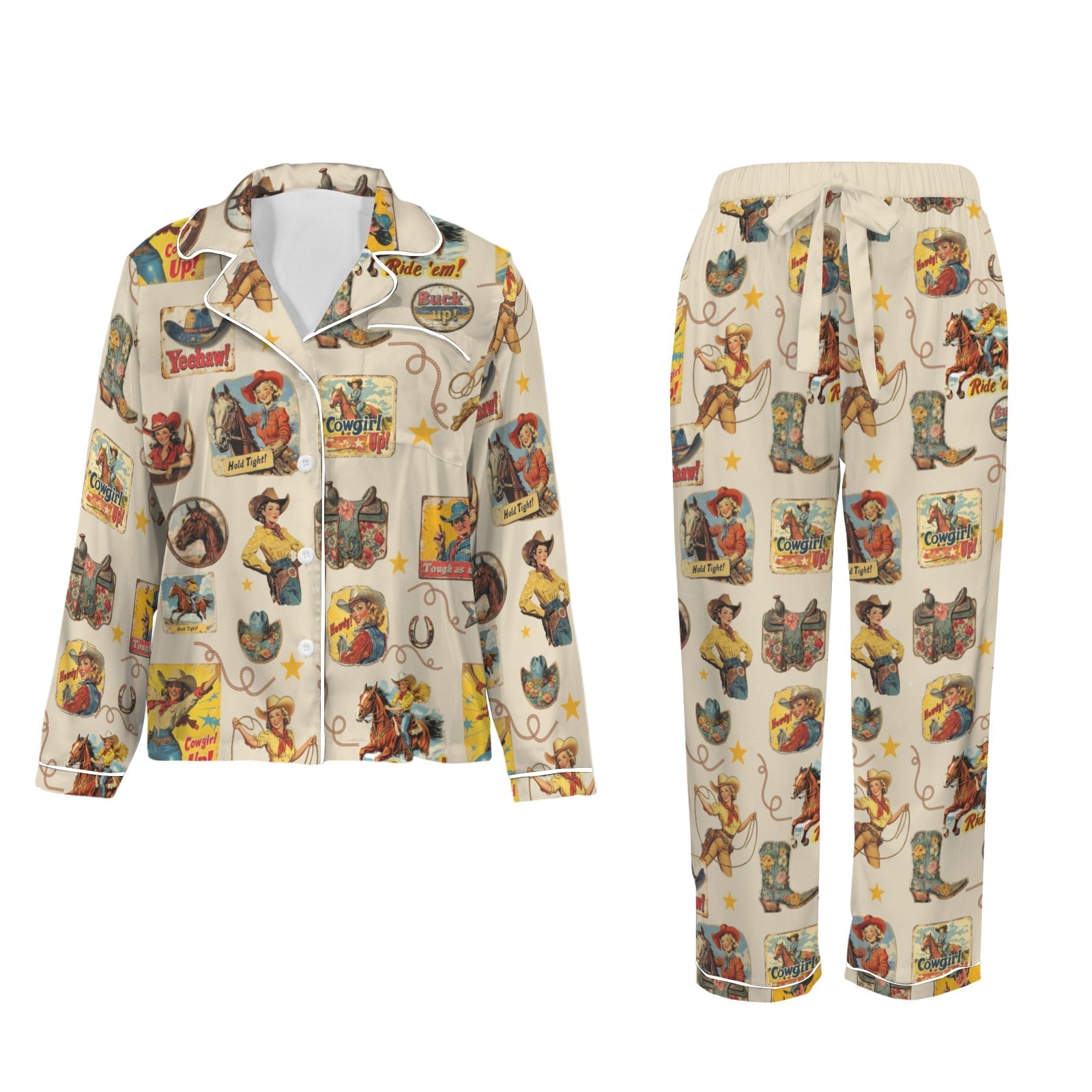 Baha Ranch Vintage Cowgirl Collage Western Rodeo Satin Pajamas