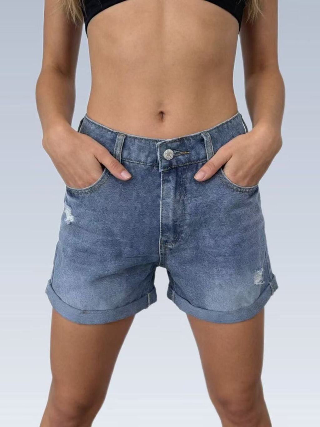 Ripped High-Waisted Denim Shorts