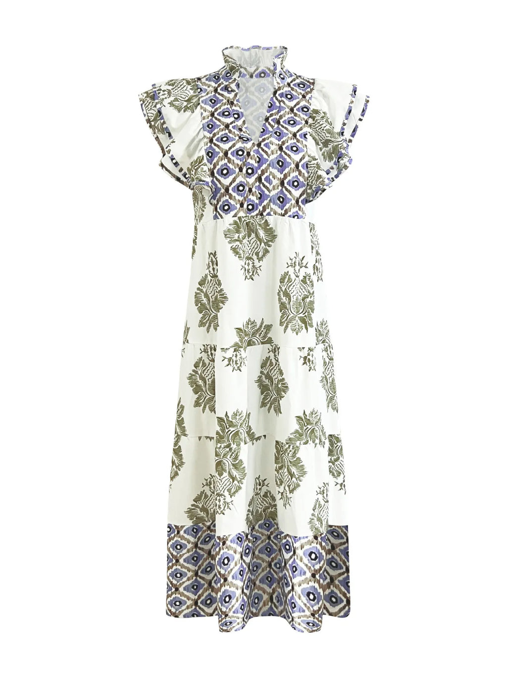 Printed Notched Ruffled Cap Sleeve Dress