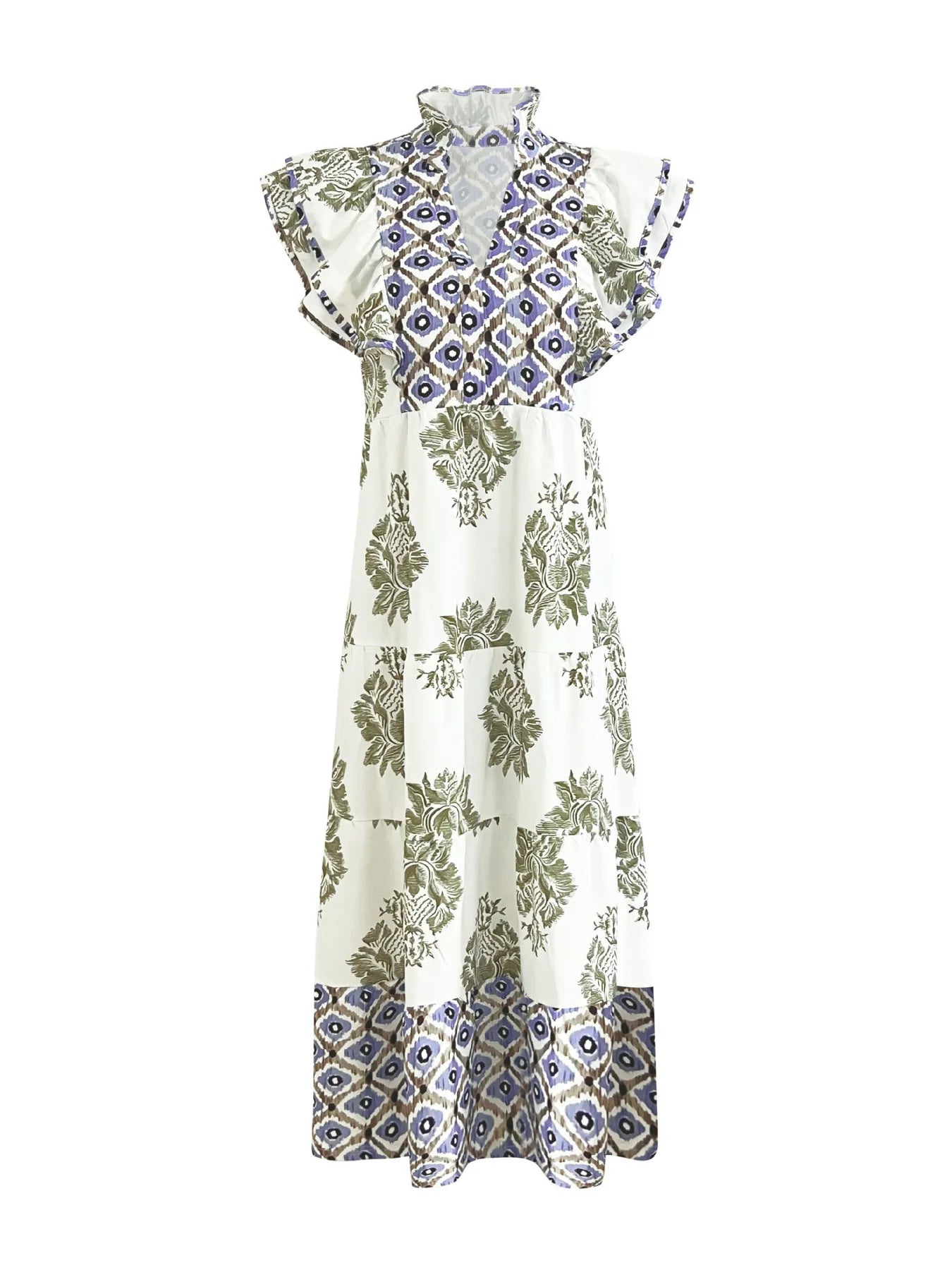 Printed Notched Ruffled Cap Sleeve Dress