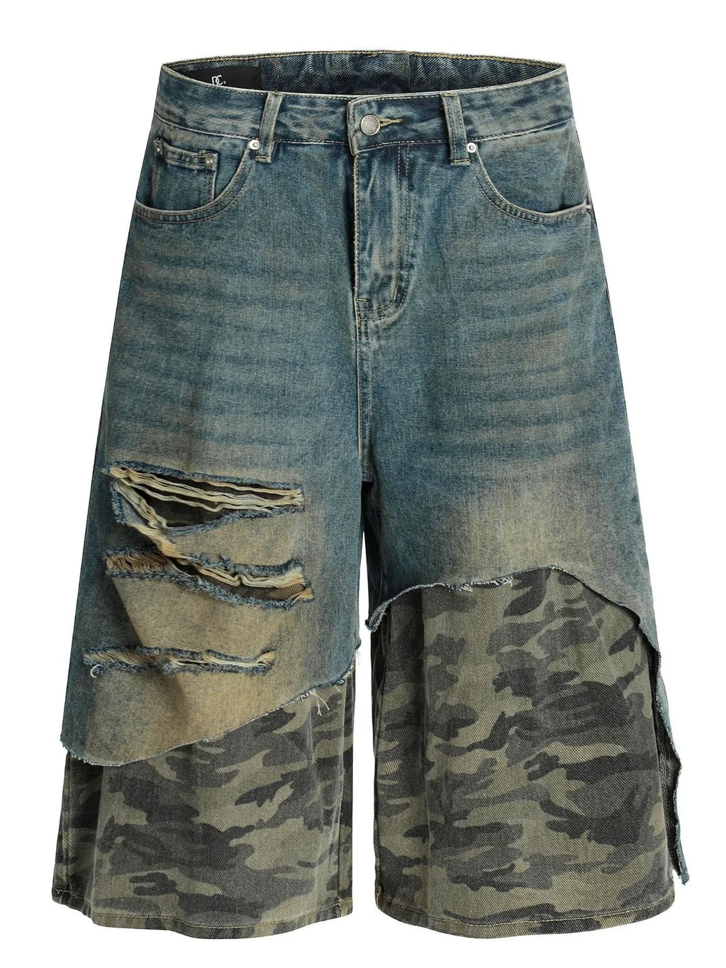 Men's Distressed Camo Patchwork Denim Shorts