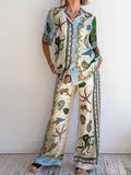 Ocean Print Button-Down Shirt and Wide Leg Pants Set