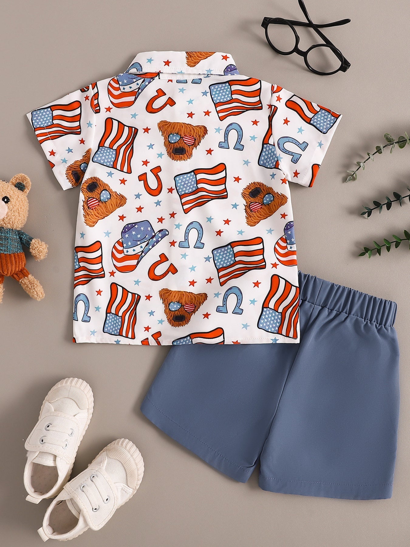 Children's American Flag Print Bow Tie Shirt & Shorts Set