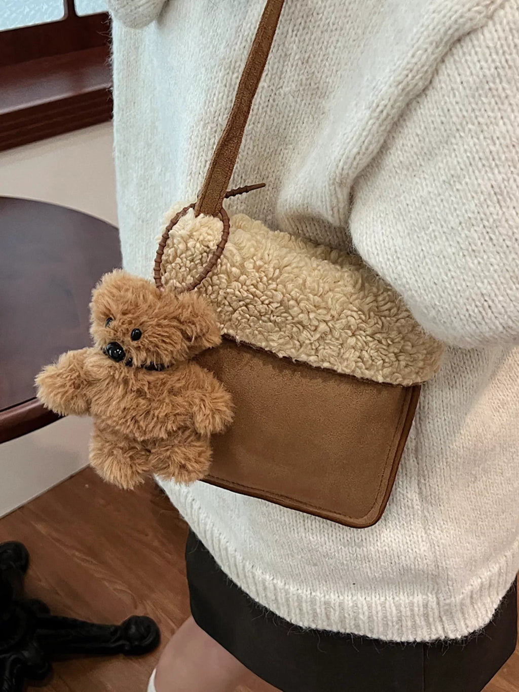 Teddy Bear Charm Plush Trim Crossbody Bag