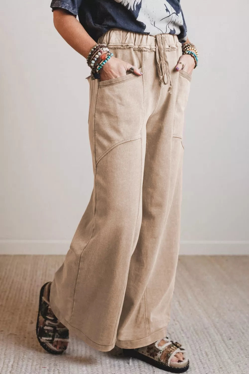 Mineral Wash Drawstring Retro High Waist Wide Leg Western Pants