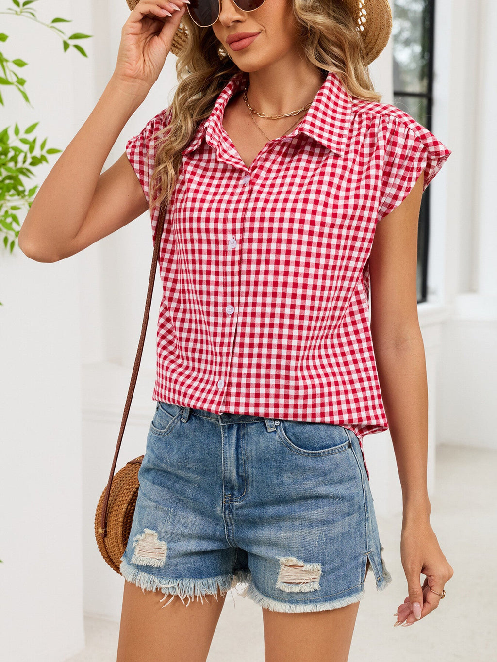 Plaid Button Up Cap Sleeve Shirt