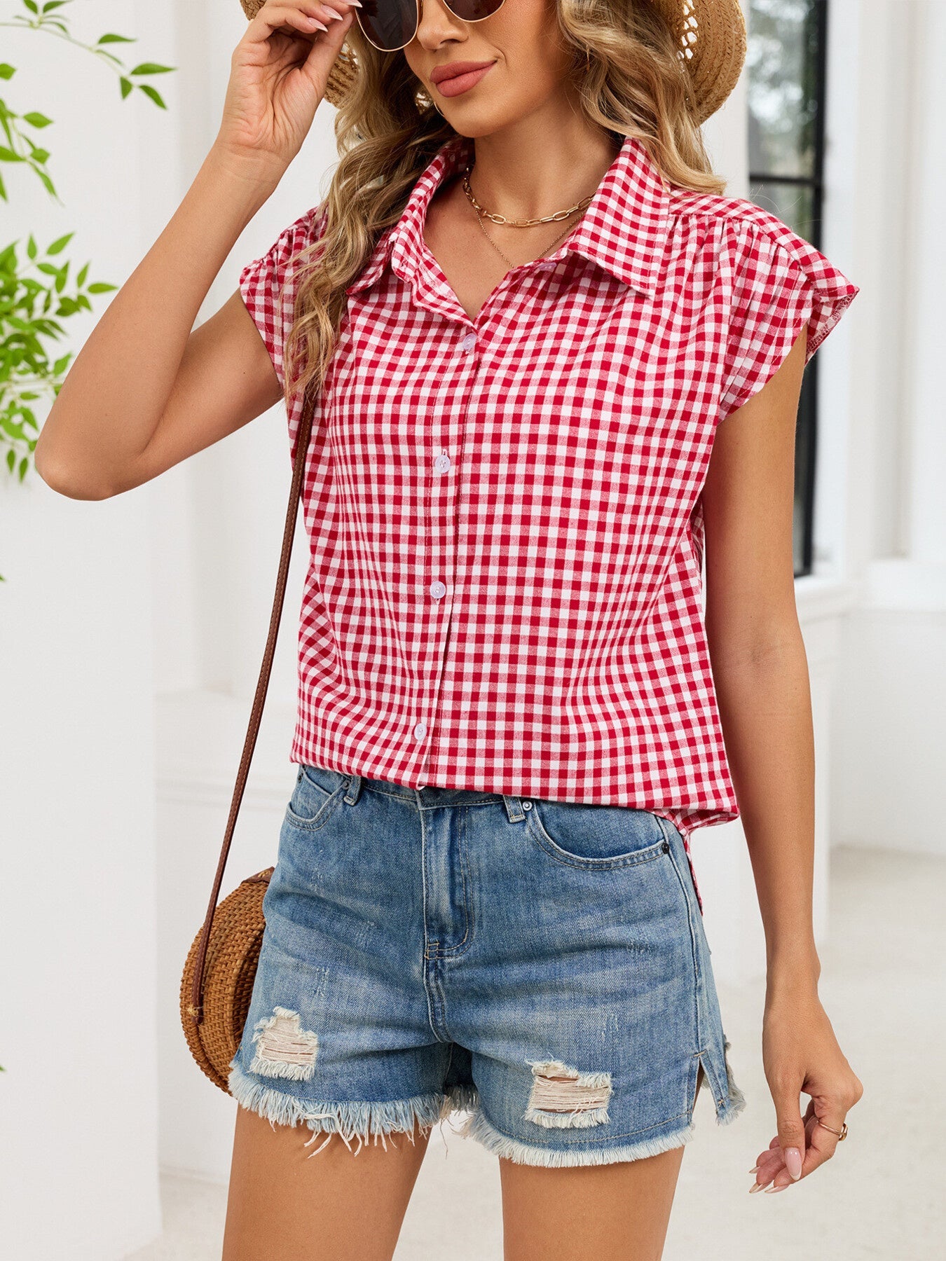 Plaid Button Up Cap Sleeve Shirt