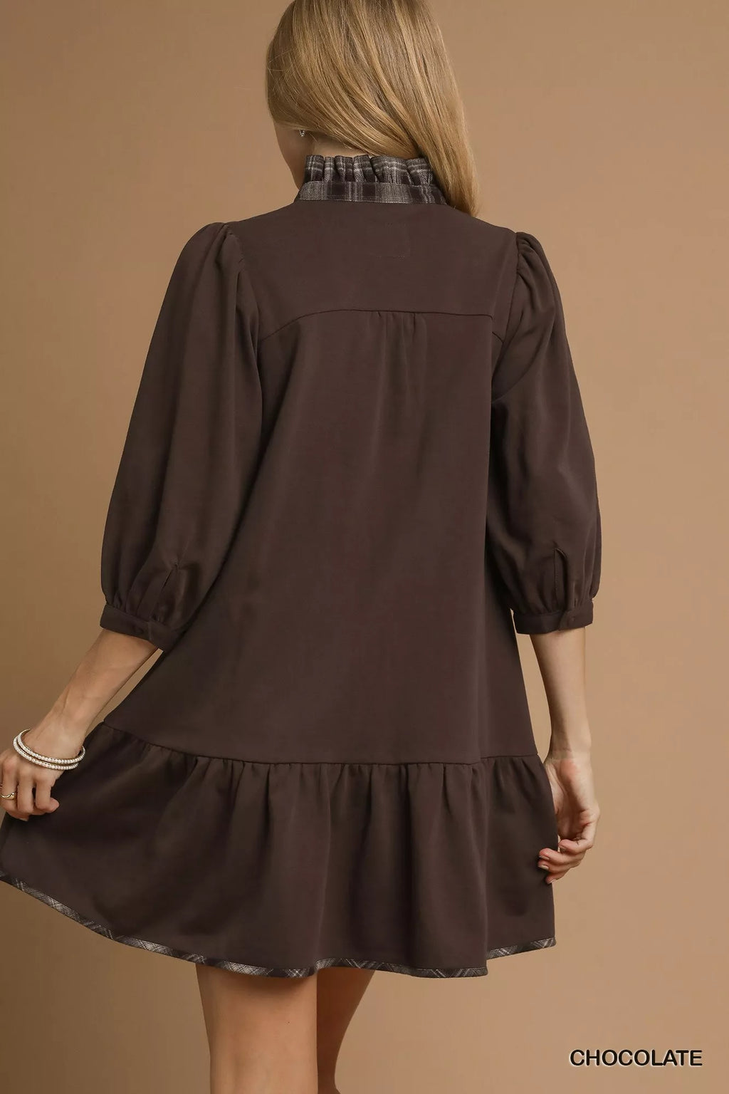 Umgee French Terry Ruffle Hem Dress with Plaid Trim