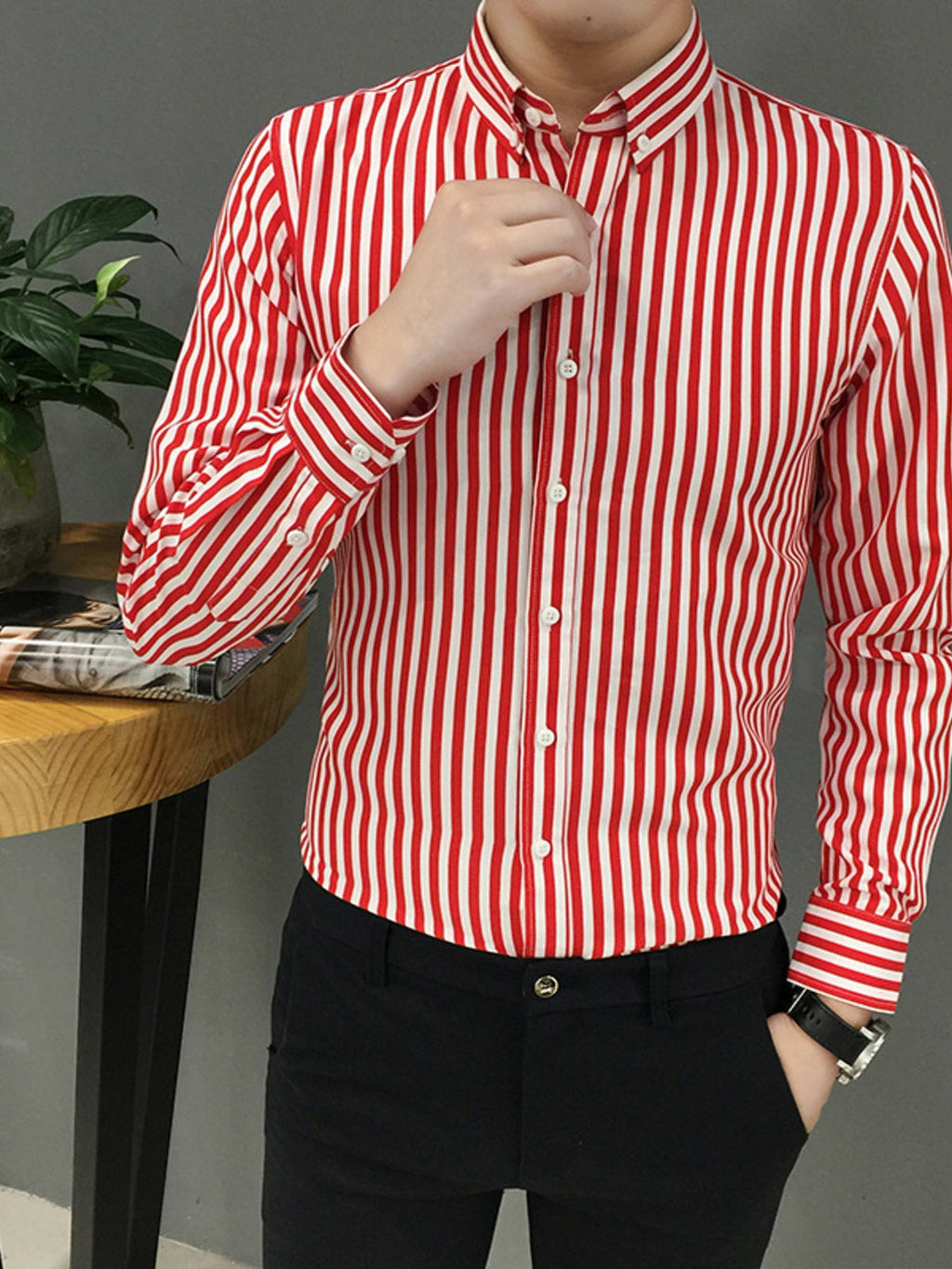 Men's Plus Size Striped Button Up Long Sleeve Shirt