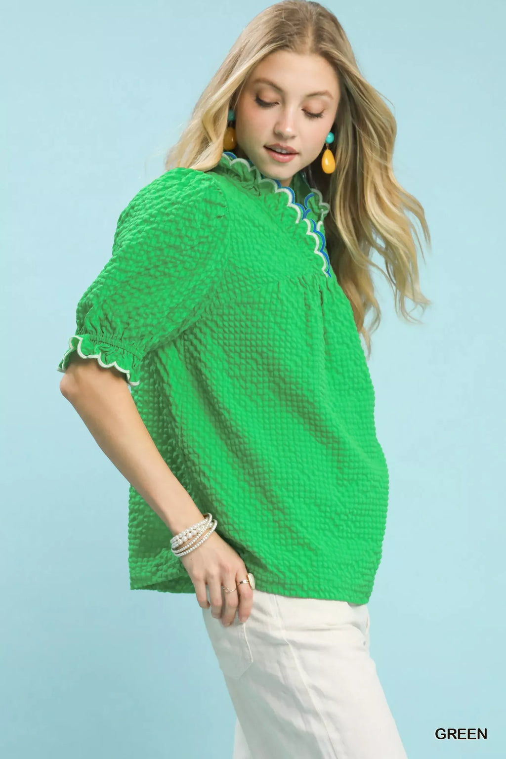 Umgee Textured Puff Sleeve Top with Scalloped Trim